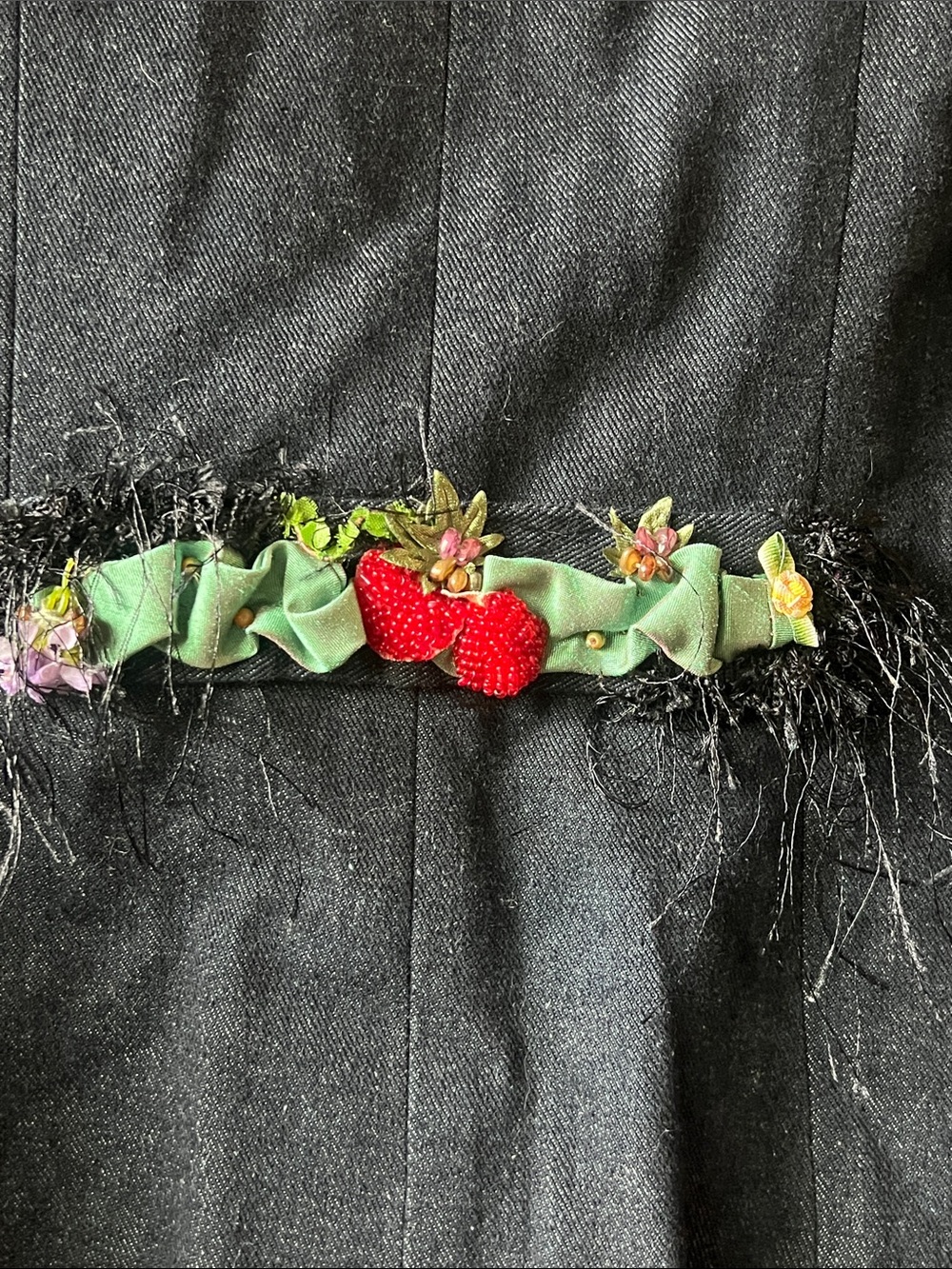 RARE MARY FRANCES Black Denim Jacket with Beaded/Embellished Fruits Size Small - Picture 10 of 16